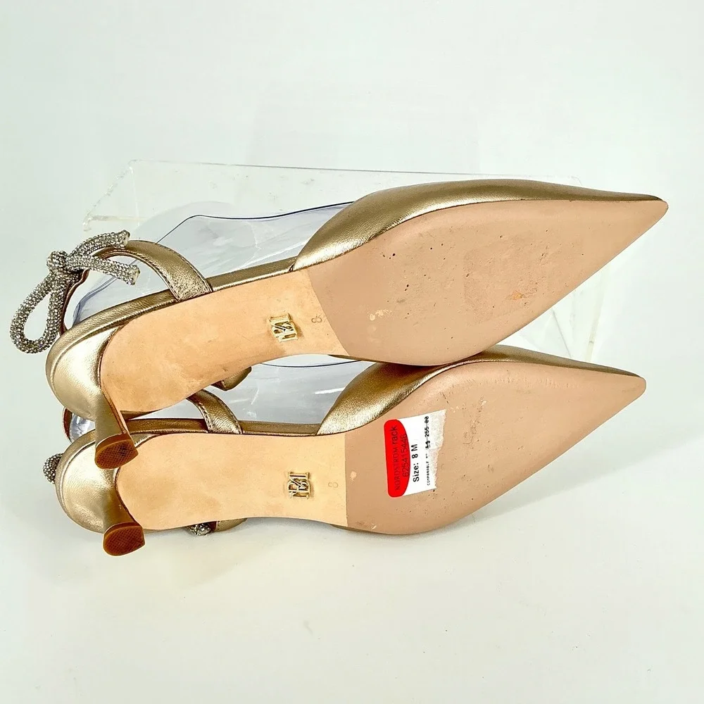 Badgley Mischka Size 8 Champagne Gold Leather Rhinestone Bow Kitten Heel NEW$255